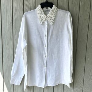 Ravel White Ramie Blouse L – Soutache Collar, Long Sleeve, Cottagecore Vintage S